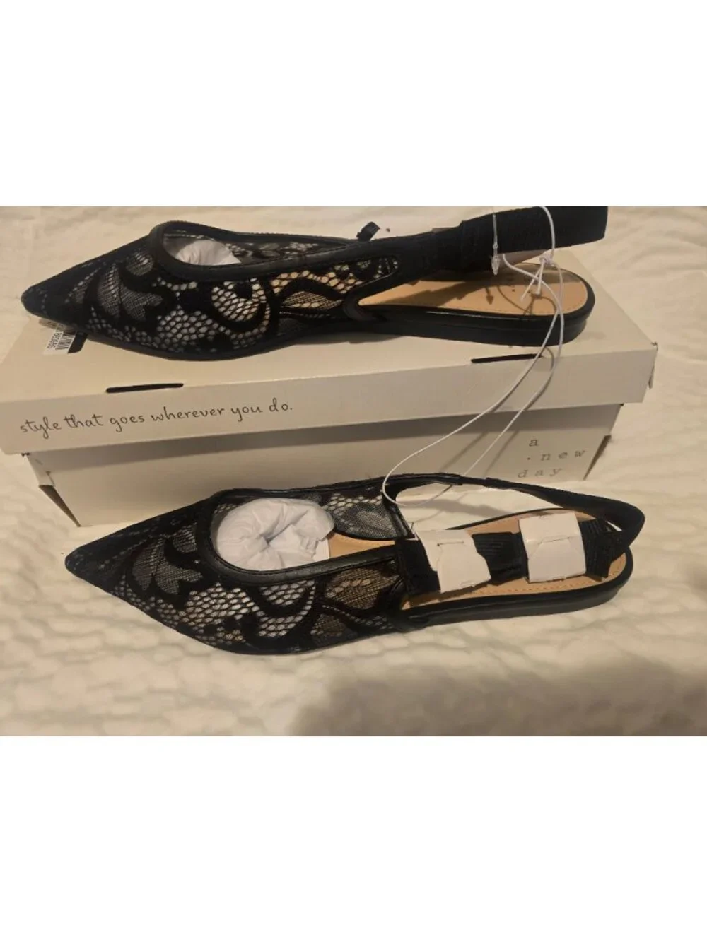 Women's London Lace Sling Back Bow Flats - a New Day™ Black 6: Cushioned Insole,